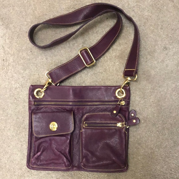 ROOTS| Purple & Gold Villager Leather Crossbody Bag & Dust Bag - Picture 2 of 8